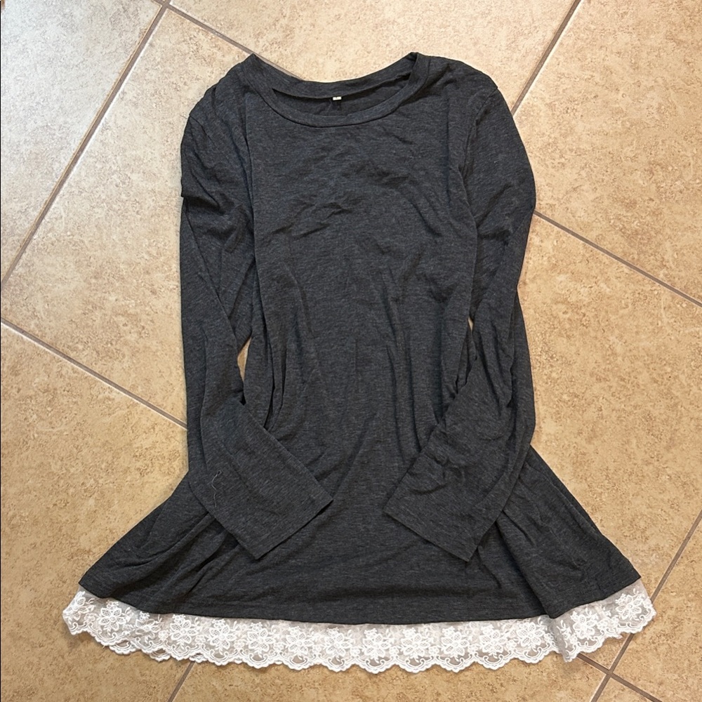 Vintage Gray Long Sleeve Top with Lace Hem